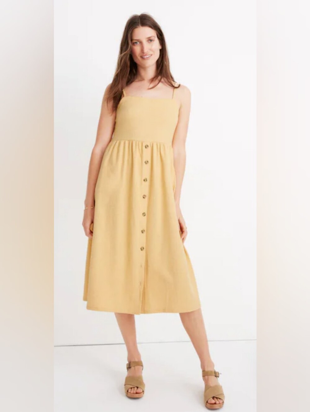 🌼B2G1🌼 Madewell Butter Yellow Smocked Button-Front Midi Sundress